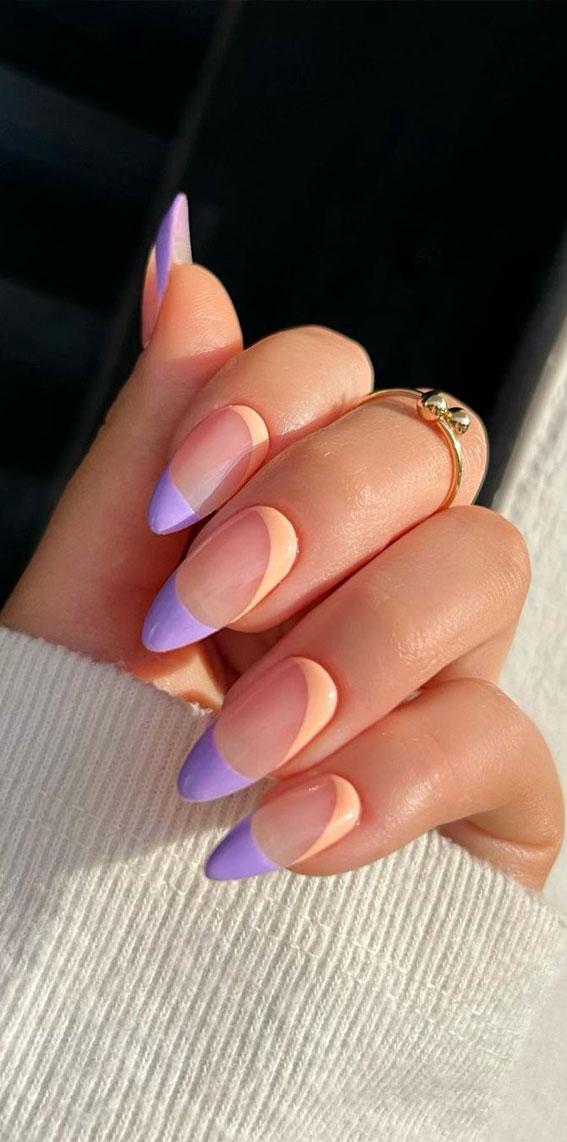 50 Trendy Summer Nail Colours & Designs : Peach and Purple Combo Almond Nails