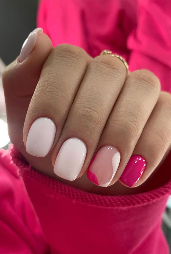 50 Trendy Summer Nail Colours & Designs : Pink and White Short Nails