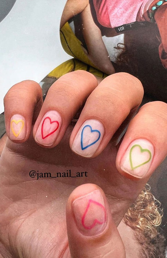 50 Trendy Summer Nail Colours & Designs : Multi-Coloured Love Heart Outline