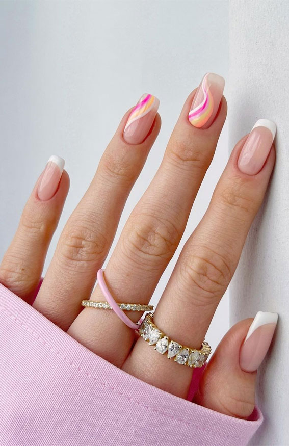 50 Trendy Summer Nail Colours & Designs : Orange and Pink Swirl + White French Tip