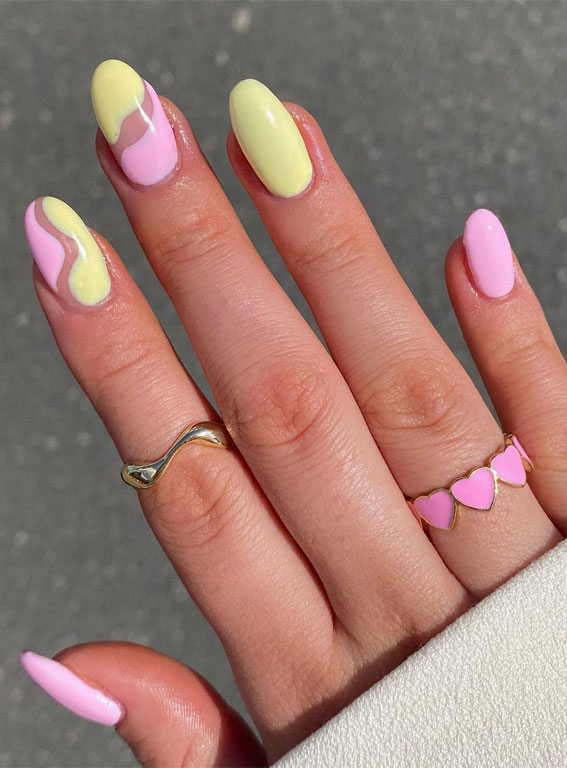 50 Trendy Summer Nail Colours & Designs : Soft Pink and Yellow Nails