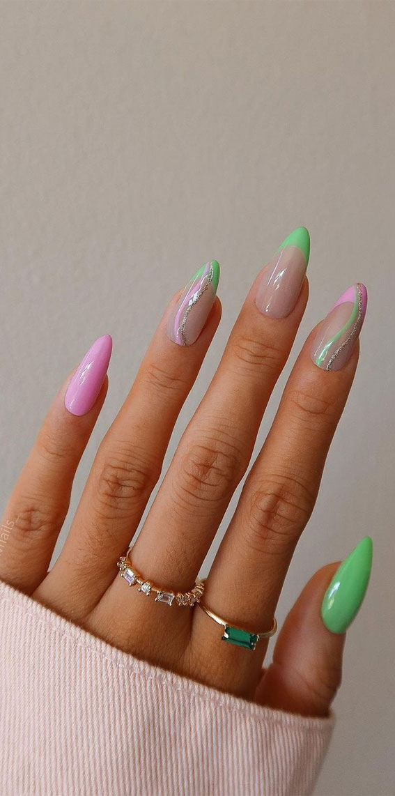 50 Trendy Summer Nail Colours & Designs : Green & Pink Combo Almond Nails
