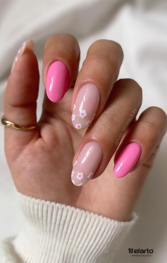 50 Trendy Summer Nail Colours & Designs : Barbie Pink & Flower Tip Nails