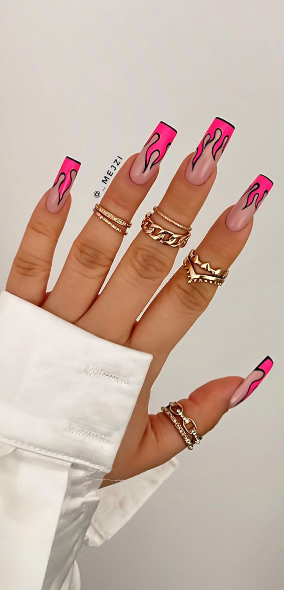 50 Trendy Summer Nail Colours & Designs : Hot Pink Flame Tip Nails