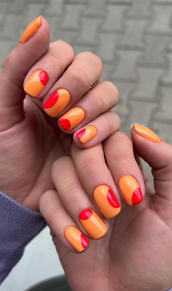 50 Trendy Summer Nail Colours & Designs : Orange and Red Abstract Short Nail Design