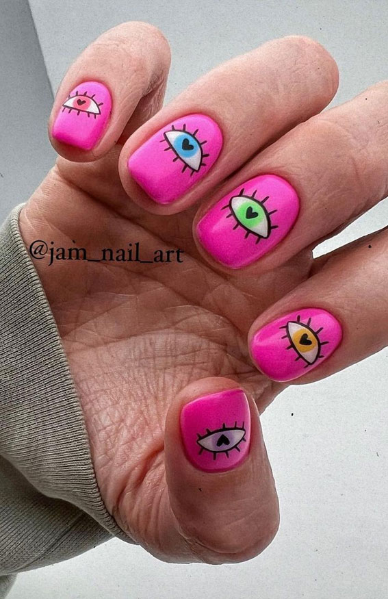 50 Trendy Summer Nail Colours & Designs : Hot Pink Nails with Evil Eyes