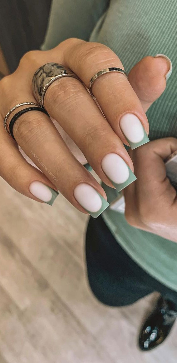 50 Trendy Summer Nail Colours & Designs : Sage Green French Tip Square Nails