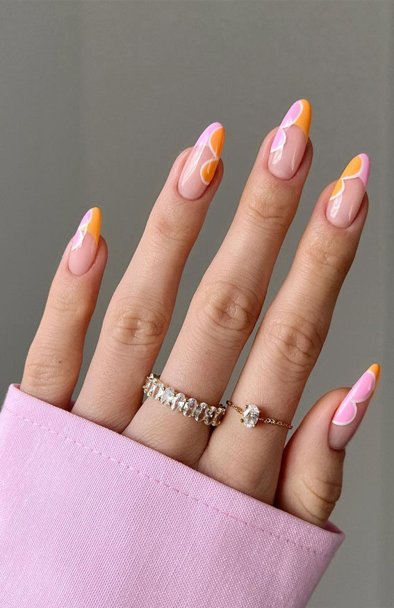 50 Trendy Summer Nail Colours & Designs : Orange and Soft Pink Abstract Designs
