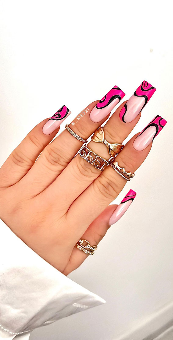 50 Trendy Summer Nail Colours & Designs : Black and Hot Pink Abstract Tip  Nails