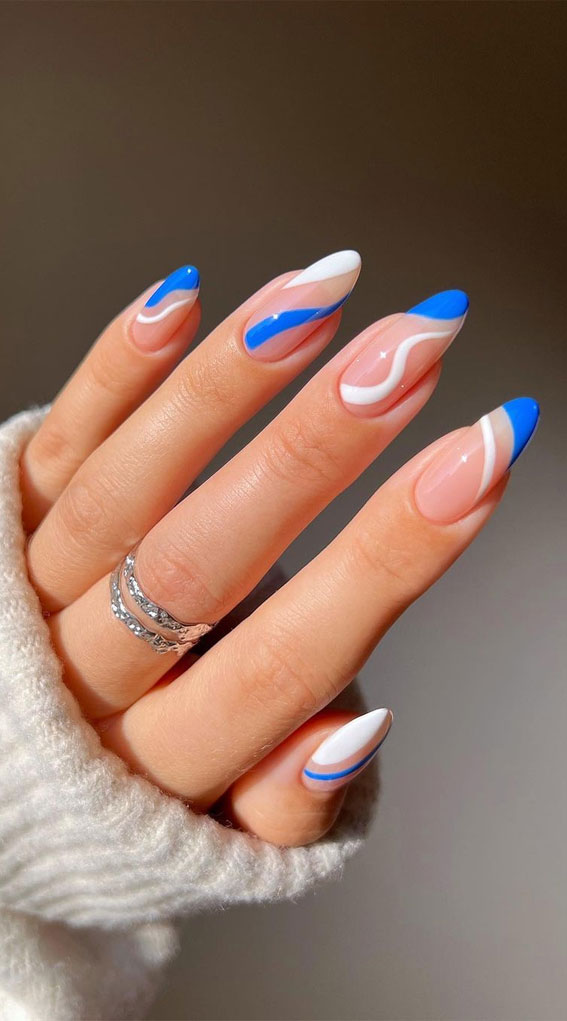 50 Trendy Summer Nail Colours & Designs : Blue and White Swirl Almond Nails