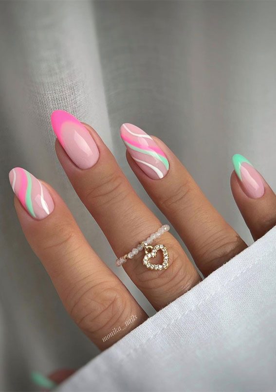 50 Trendy Summer Nail Colours & Designs : Green and Pink Summer Nails