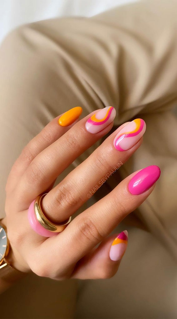50 Trendy Summer Nail Colours & Designs : Pink & Orange Polish and Swirl Nails