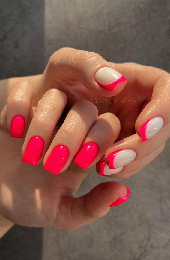 50 Trendy Summer Nail Colours & Designs : Bright Pink Polish + French Tip Nails