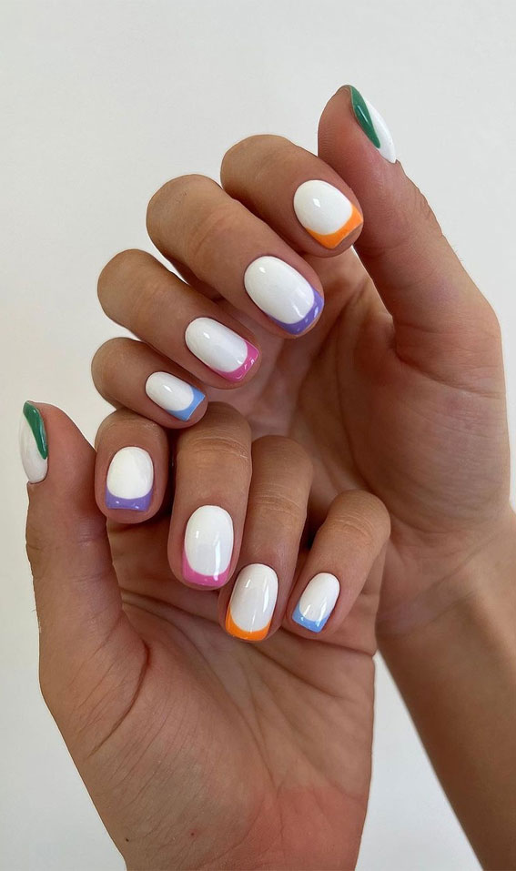 50 Trendy Summer Nail Colours & Designs : Different Colour French Tips White Nails