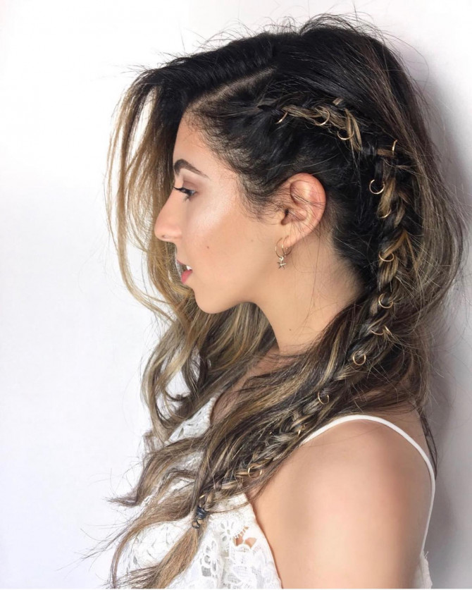 40 Summer Festival Hairstyle Ideas : Side French Braids with Hoops + Hair Down