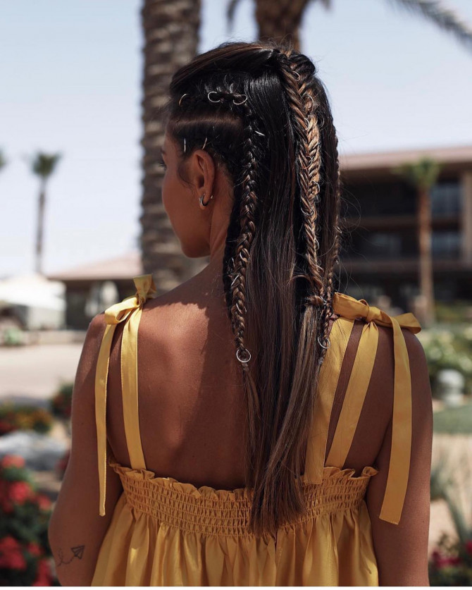 40 Summer Festival Hairstyle Ideas : Partial Fishtail Braids with Hoops