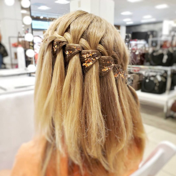 40 Summer Festival Hairstyle Ideas : Short Hair Waterfall Braids + Glitter