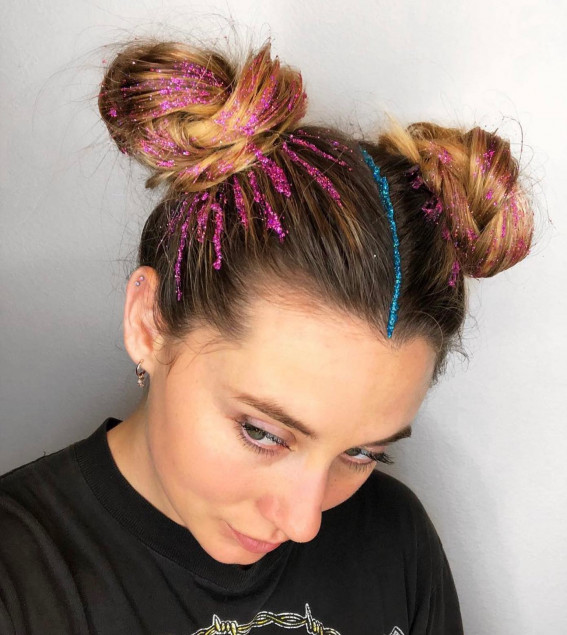 40 Summer Festival Hairstyle Ideas : Pink Glitter + Space Buns
