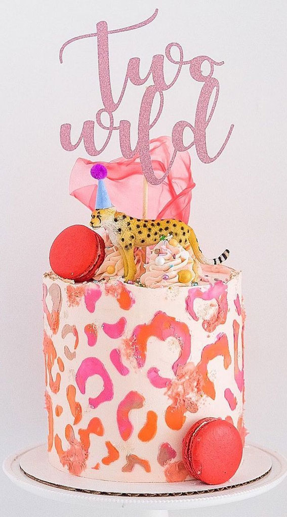 34 Two Wild Birthday Cake Ideas : Ombre Pink and Orange Leopard Cake