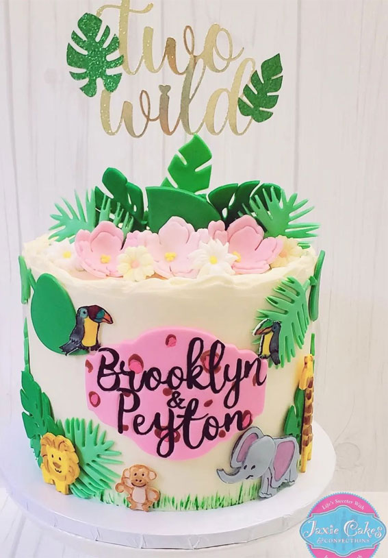 34 Two Wild Birthday Cake Ideas : Pink Floral Jungle-Themed Cake