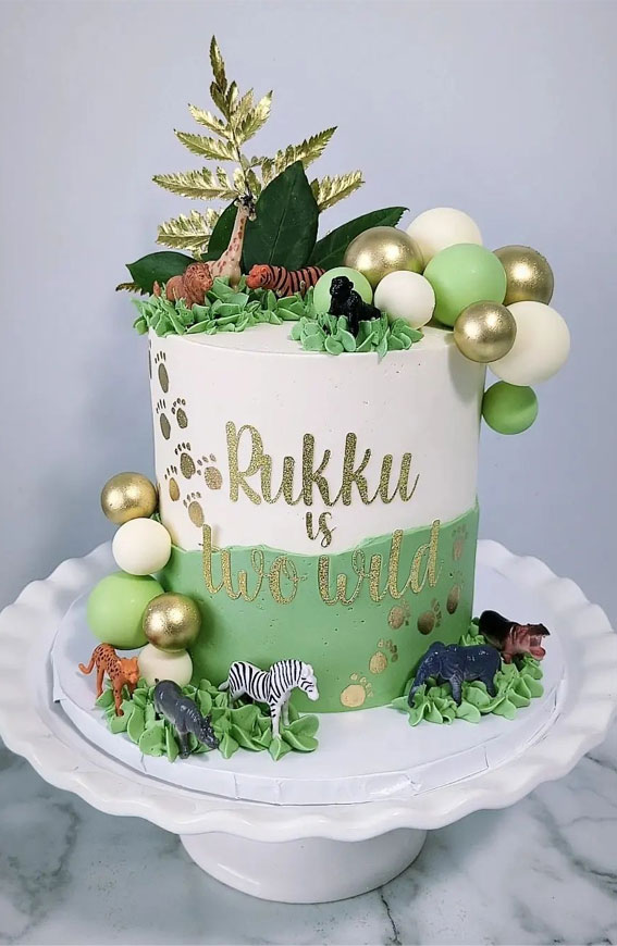 34 Two Wild Birthday Cake Ideas : Green and White + Gold Foot Prints