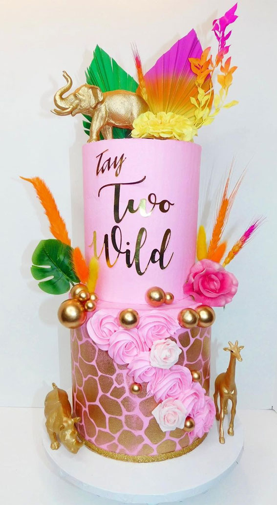 34 Two Wild Birthday Cake Ideas : Two Tier Pink Cake + Dried Stem
