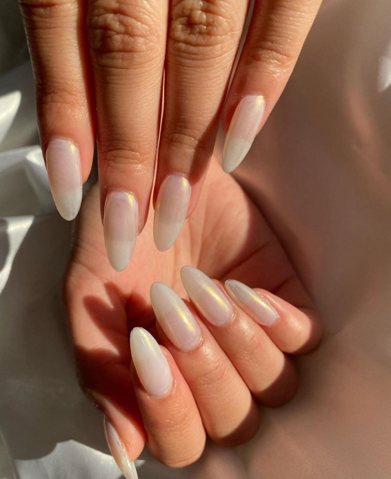 27 Glazed Donut Nails Trend : Sheer Shimmery Pearl Almond Nails