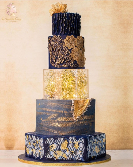 50 Wedding Cake Ideas for 2022 : Textured Navy Blue and Gold Cake