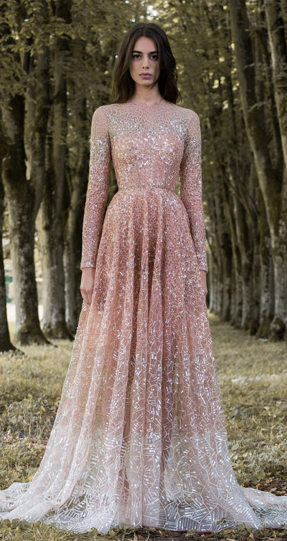 pink wedding dress, long sleeve wedding dress, illusion wedding dress