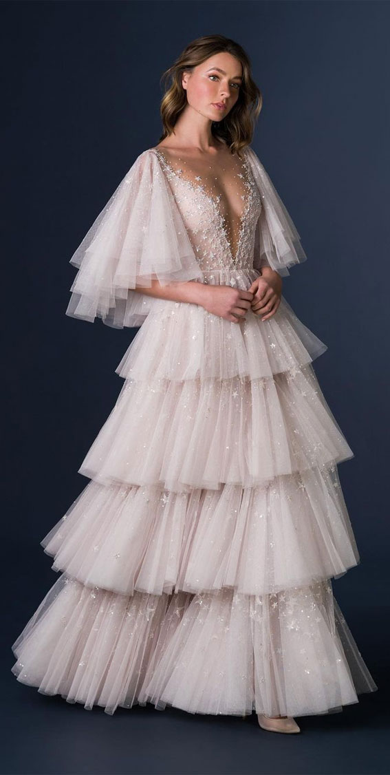 layered skirt wedding dress, moon and star embroidery, wedding dress, french tulle gown, wedding dress