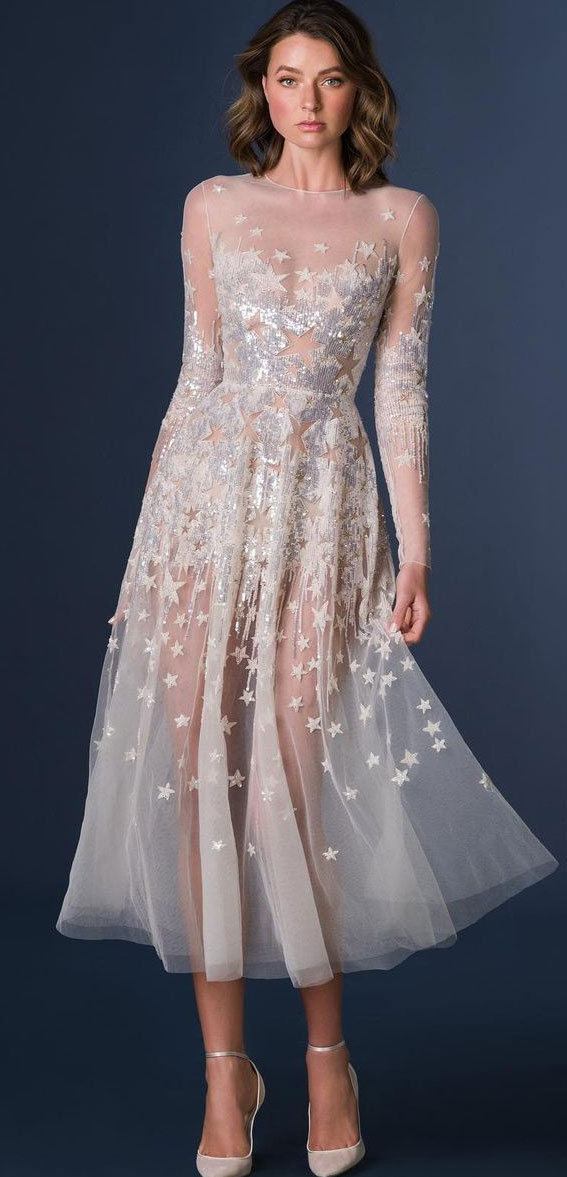 tea-length wedding dress, shooting star embroidery wedding dress, illusion wedding dress