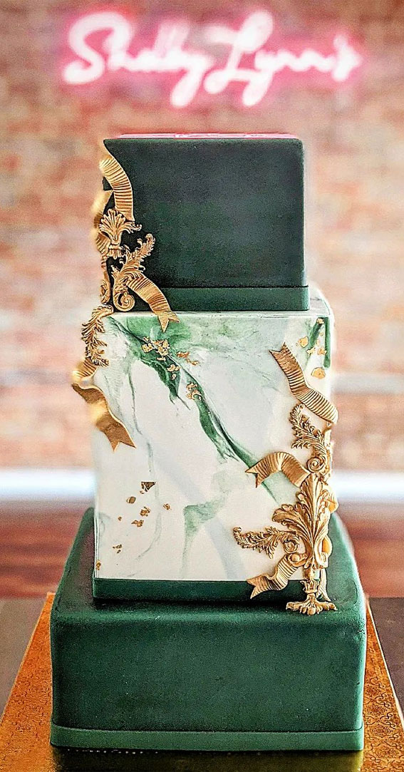 50 Wedding Cake Ideas for 2022 : Emerald Green and Gold Filigree