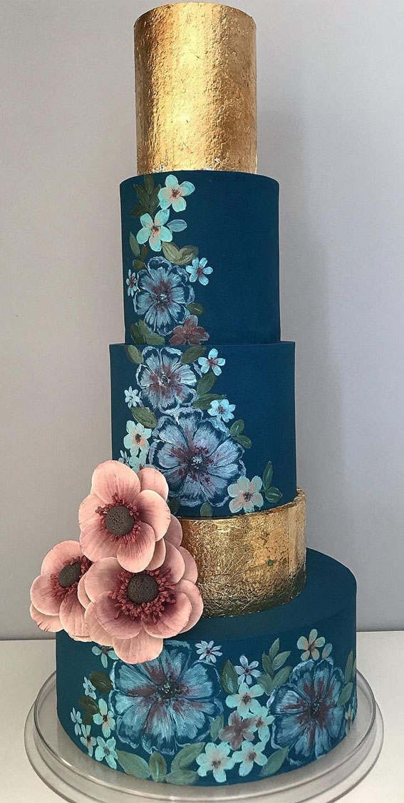 50 Wedding Cake Ideas for 2022 : Hand Painted Floral Dark Blue and Gold Cake
