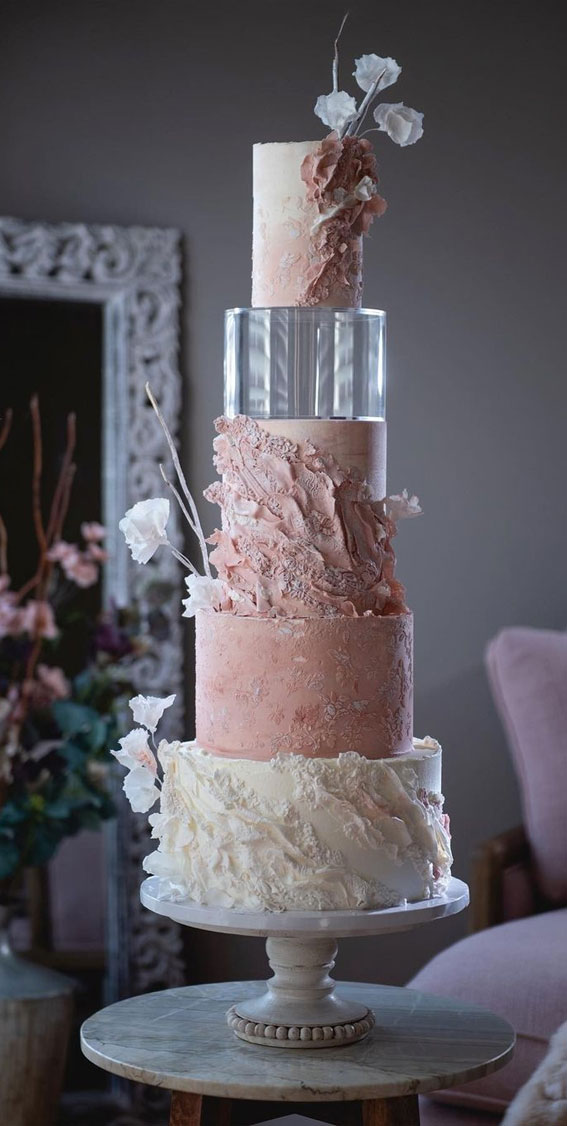 50 Wedding Cake Ideas for 2022 : Textured Pink and White Cake