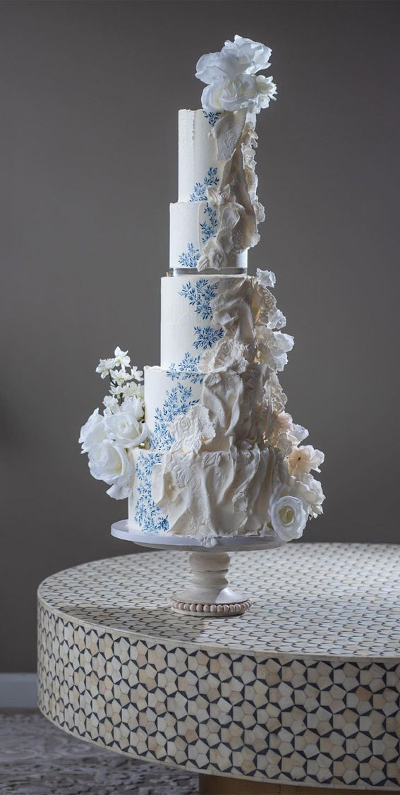 50 Wedding Cake Ideas for 2022 : Blue Floral Hand Painted White Cake