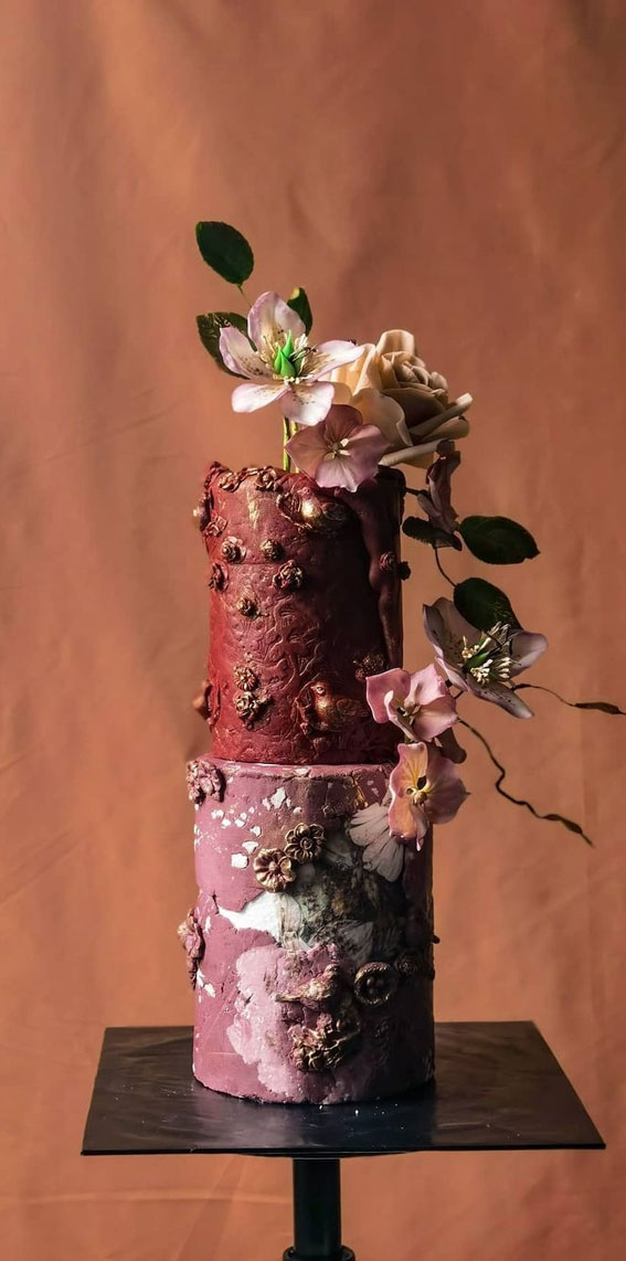 50 Wedding Cake Ideas for 2022 : Burgundy & Dusty Pink Cake
