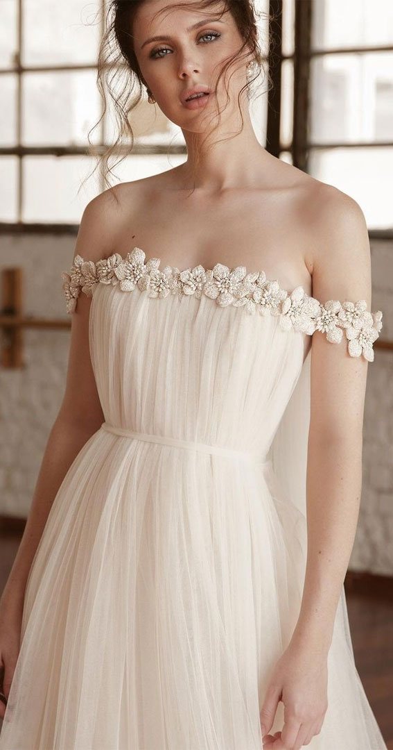 50 Wedding Dresses with Breathtaking Details : Embroidery Flower Off The Shoulder Wedding Dress