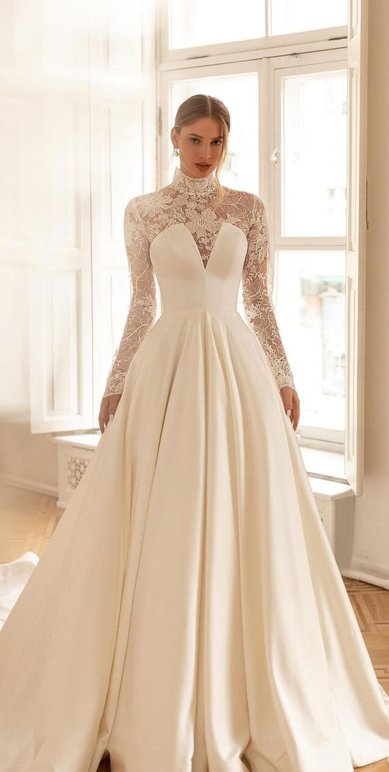 50 Gorgeous Wedding Dresses for 2022 : Lace Long Sleeve + Simple A Line Dress