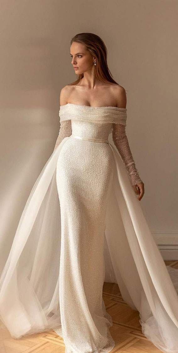 50 Gorgeous Wedding Dresses for 2022 : Off The Shoulder + Fit & Flare + Over Skirt Dress