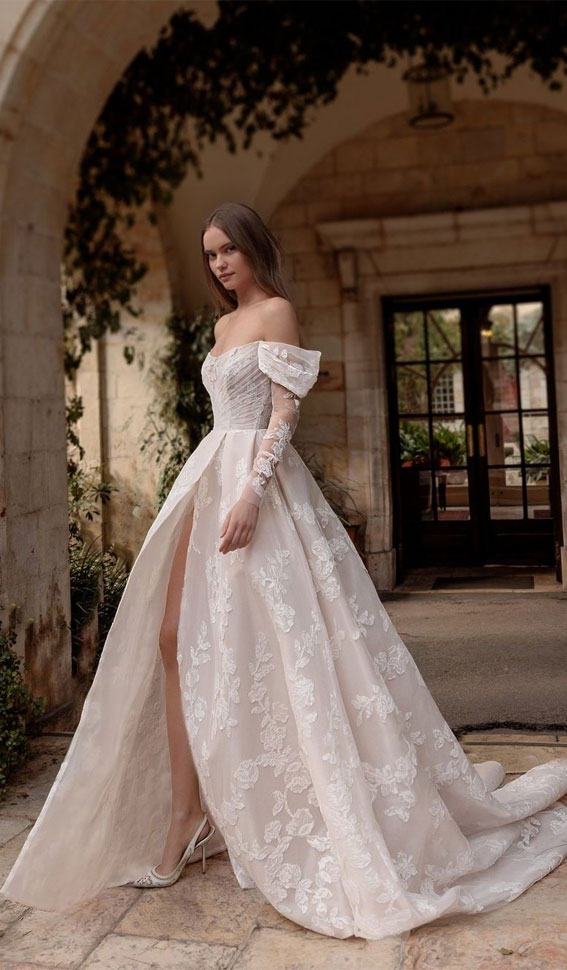 50 Gorgeous Wedding Dresses for 2022 : Floral lace dress with a