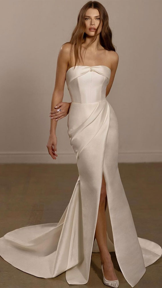 50 Gorgeous Wedding Dresses for 2022 : Strapless Split Front Wedding Dress