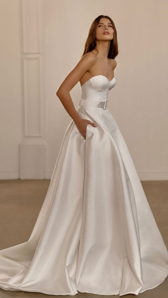 50 Gorgeous Wedding Dresses for 2022 : Strapless A-Line Dress with Belt