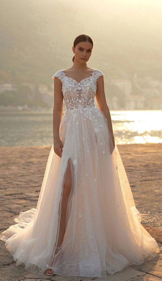 50 Gorgeous Wedding Dresses for 2022 : Cap Sleeve Floral Top Wedding Dress