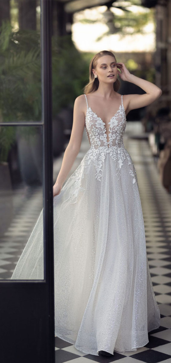 50 Gorgeous Wedding Dresses for 2022 : Spaghetti Strap A Line Wedding Dress