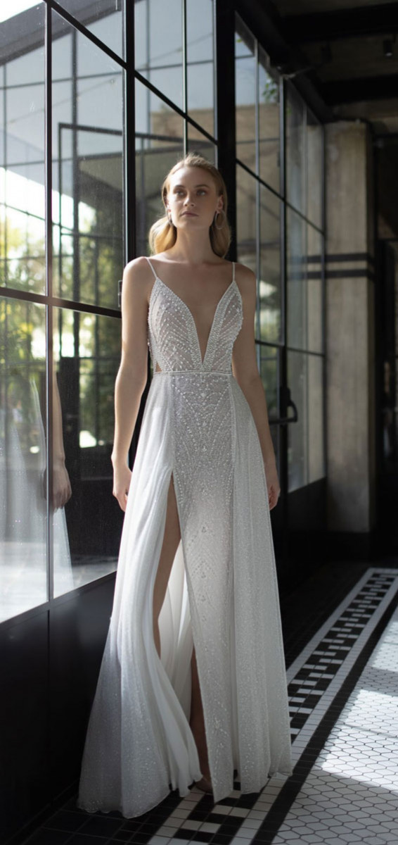 50 Gorgeous Wedding Dresses for 2022 : Spaghetti Strap Embellishment Wedding Dress