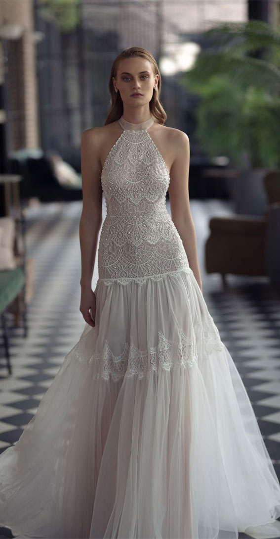 50 Gorgeous Wedding Dresses for 2022 : Halter Neck Bohemian Wedding Dress