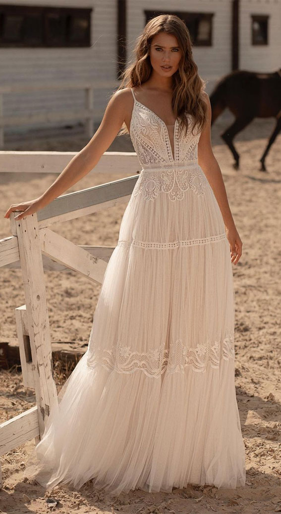 50 Gorgeous Wedding Dresses for 2022 : Spaghetti Strap Bohemian Wedding Dress