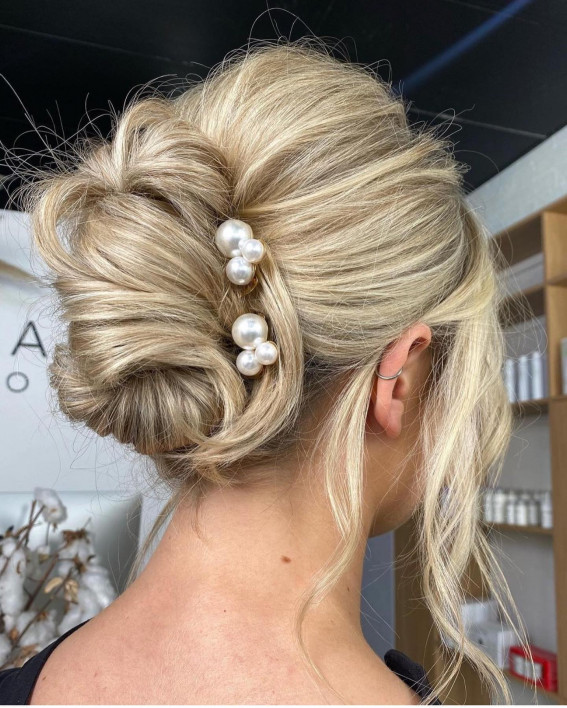 43 Stunning Updo Hairstyles 2022 : Modern Chignon with Pearl