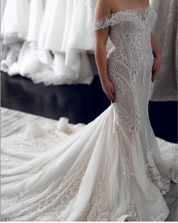 50 Breathtaking Wedding Dresses in 2022 : Off The Shoulder Mermaid Wedding Dress