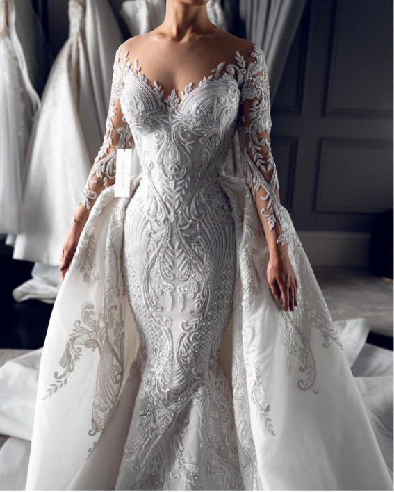 50 Breathtaking Wedding Dresses in 2022 : Long Sleeve Embellishment Over Skirt